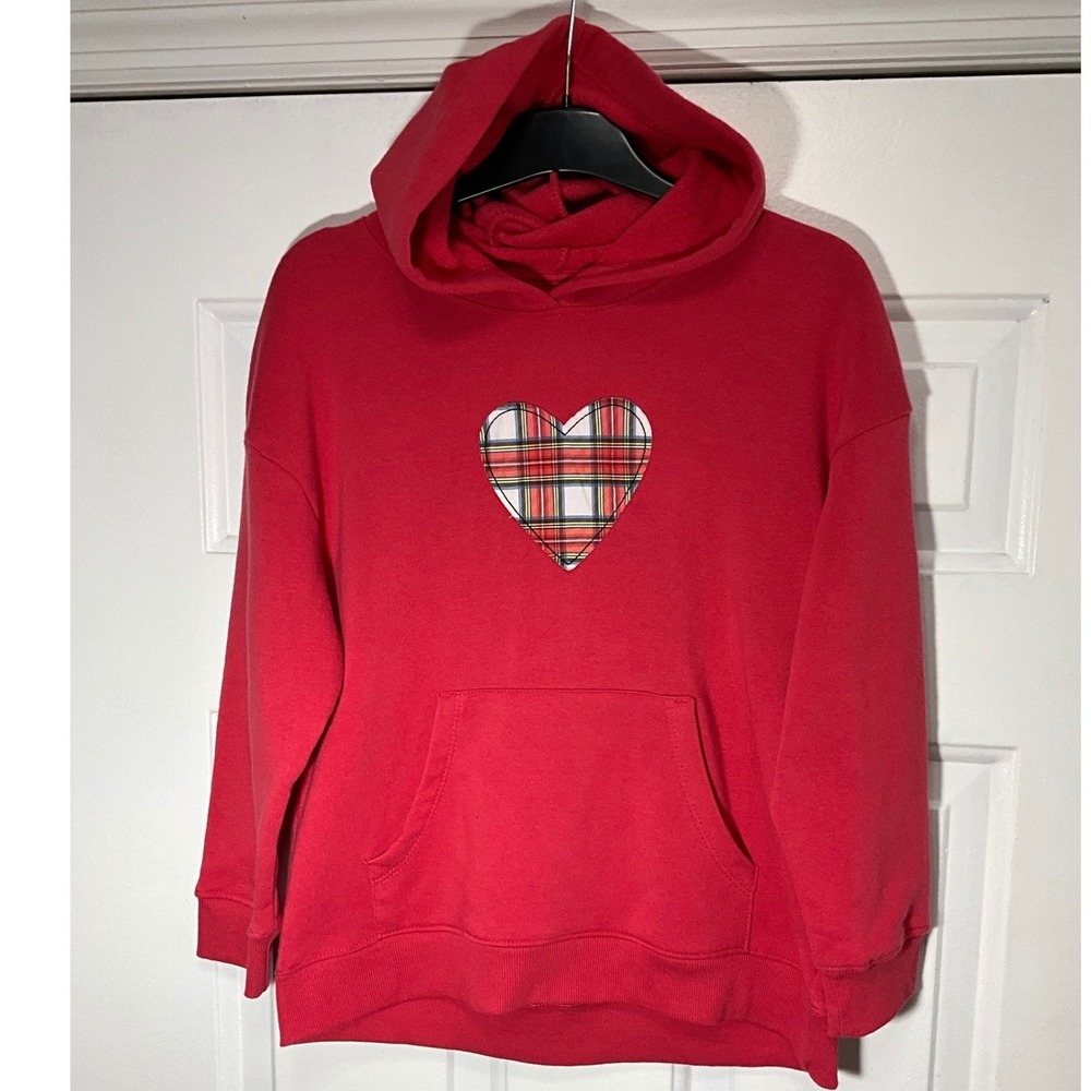 Kids Red Plaid Heart Fleece Hoodie Sweatshirt Size M 8 Holiday Casual